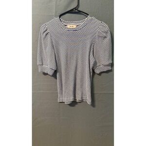 ME+EM Blue White Striped Puff Sleeve Ribbed Cotton Tee Top US 6 UK 10 worn once